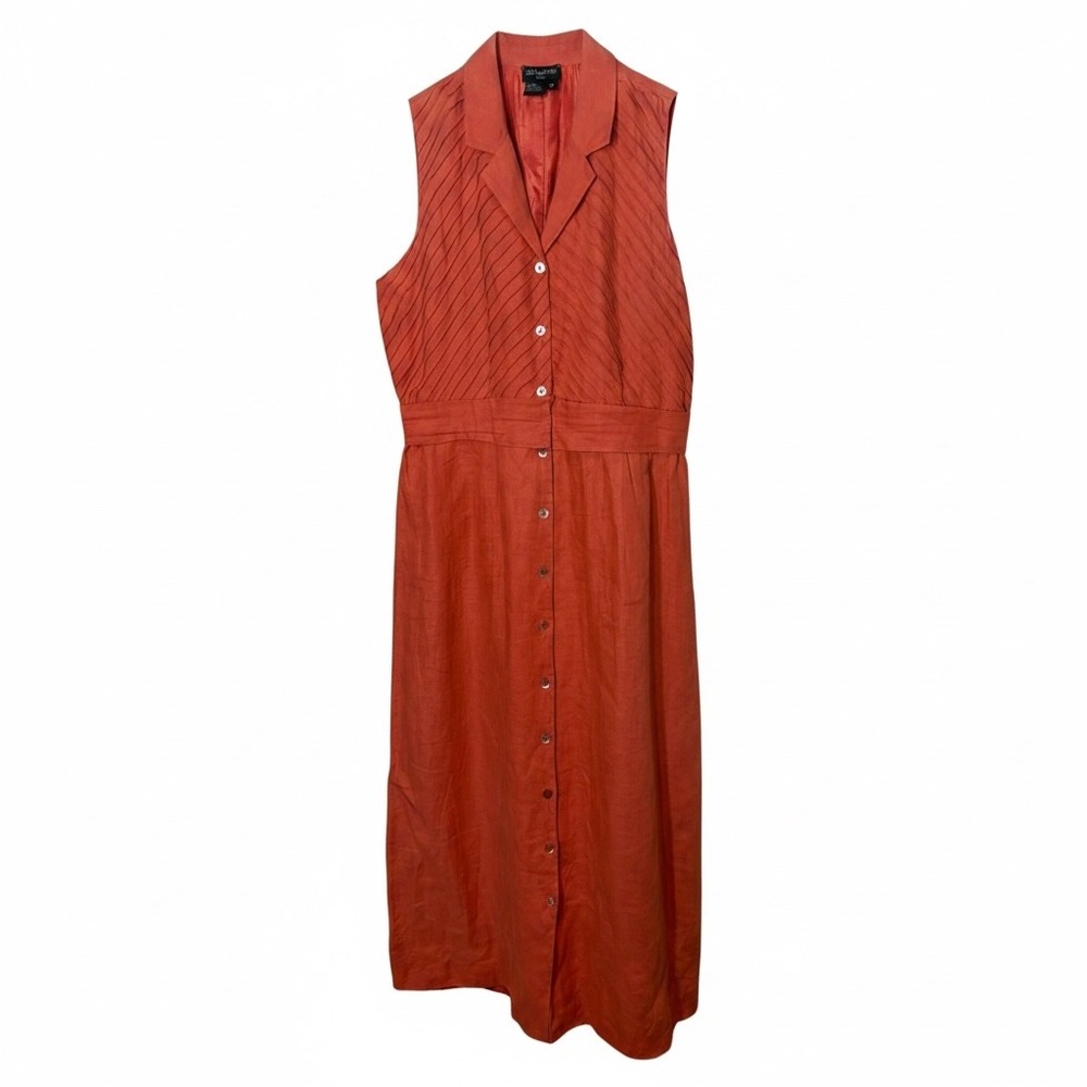 Due per Due Women 12 Orange/Pink 100% Linen Sleeveless Maxi Shirt Dress